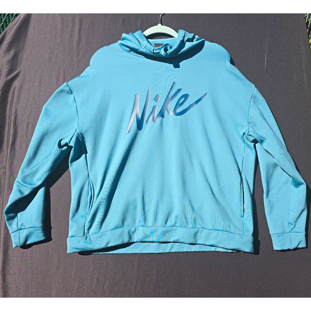 Nike Men's Large Teal Blue Therma-FIT Pullover Hoodie Script Logo